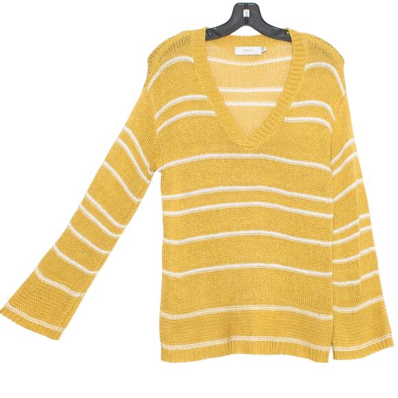 Greylin Womens Sweater V Neck Stripe Long Sleeve Anthro Mustard Yellow Small EC - Picture 1 of 5